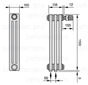 Схема (чертеж) Радиатор Zehnder Charleston 3110/3 №V008 Белый глянцевый RAL 9016